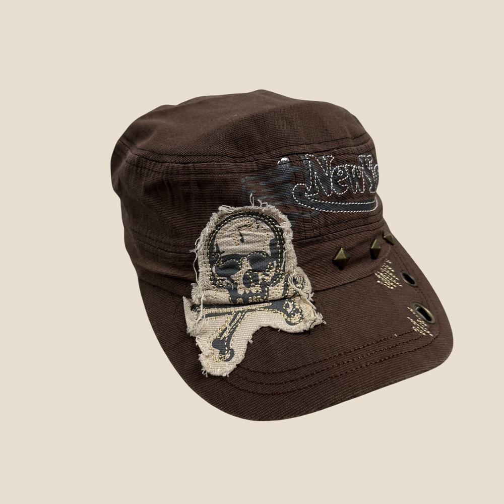 Unbranded Cadet Hat Unisex OS Brown Skull Patch Studded Distressed Military Cap